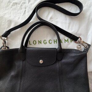 Longchamp Le Pliage Cuir Leather Top Handle Tote Black
